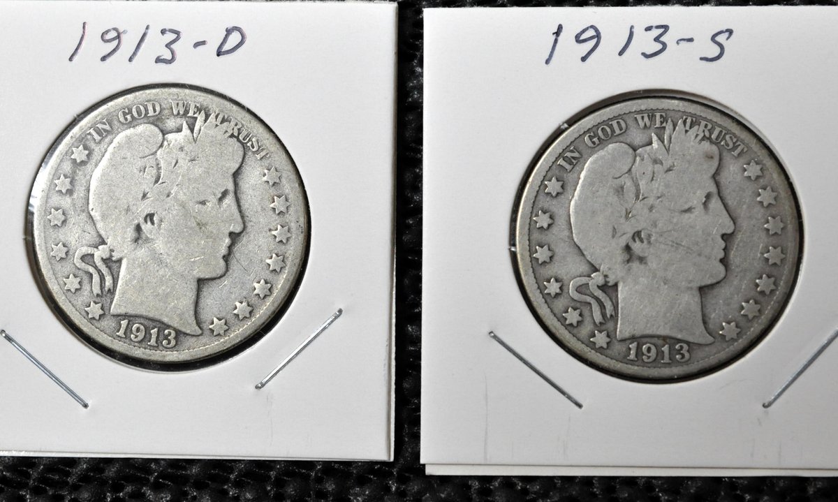 (2) 1913-D,S Barber Half Dollars