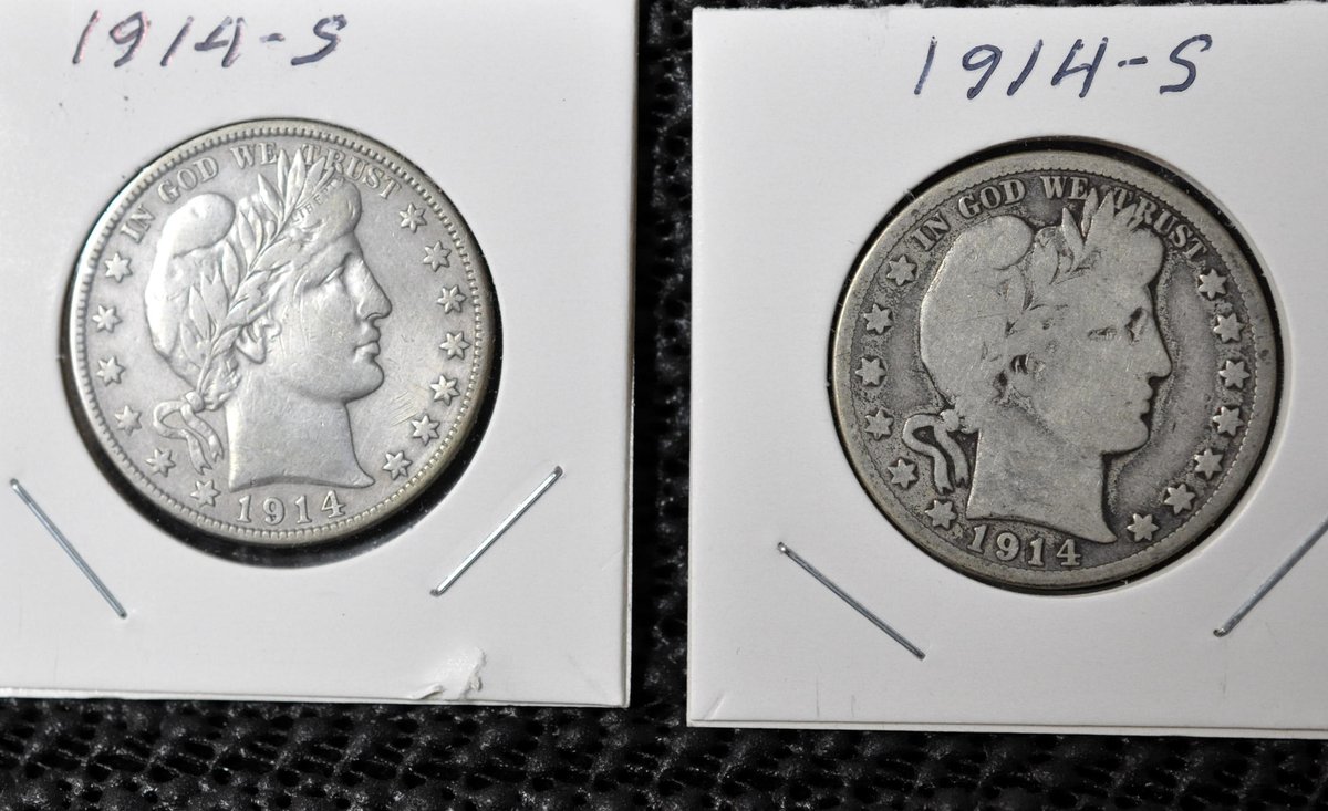 (2) 1914-S Barber Half Dollars, Note Condition