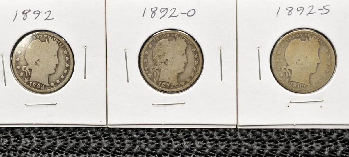 (3) 1892-P,O,S Barber Quarters