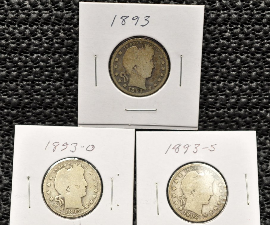 (3) 1893-P,O,S Barber Quarters