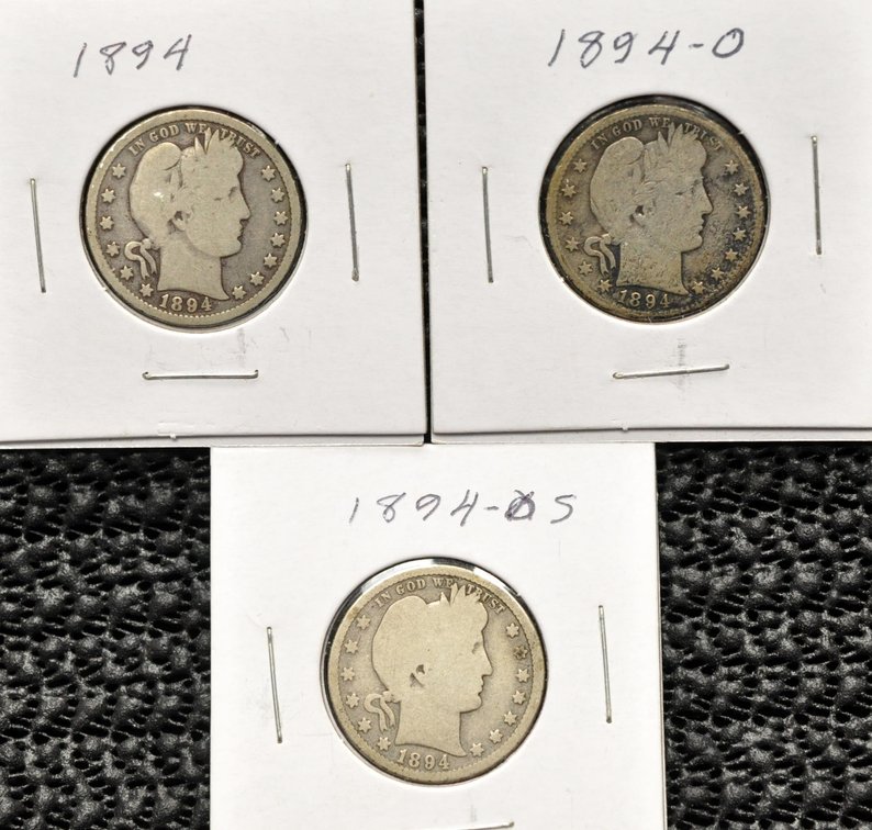 (3) 1894-P,O,S Barber Quarters