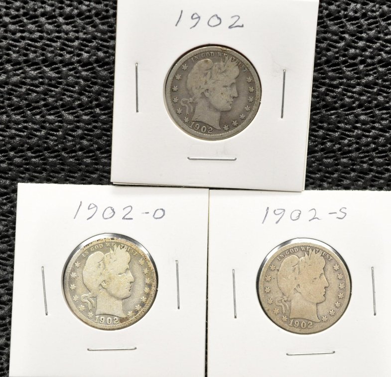 (3) 1902-P,O,S Barber Quarters
