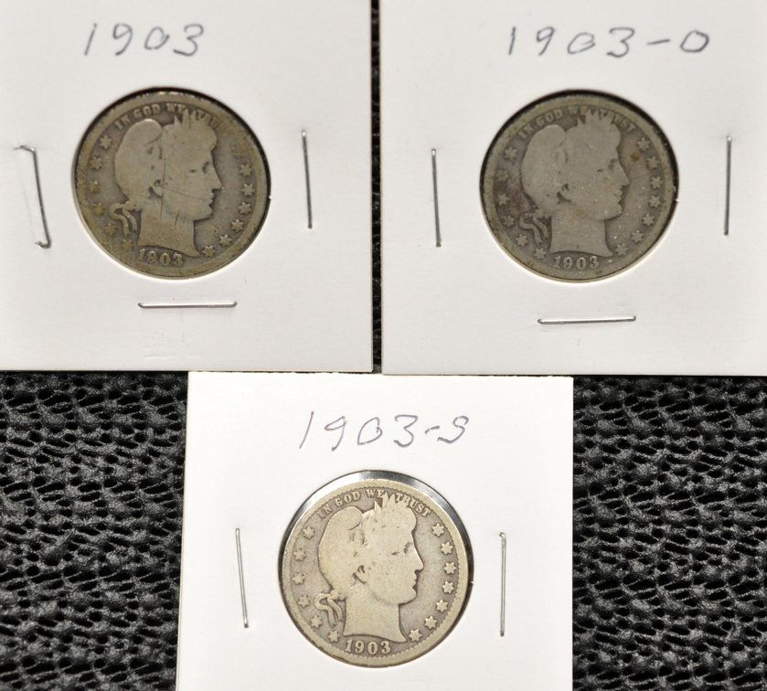 (3) 1903-P,O,S Barber Quarters