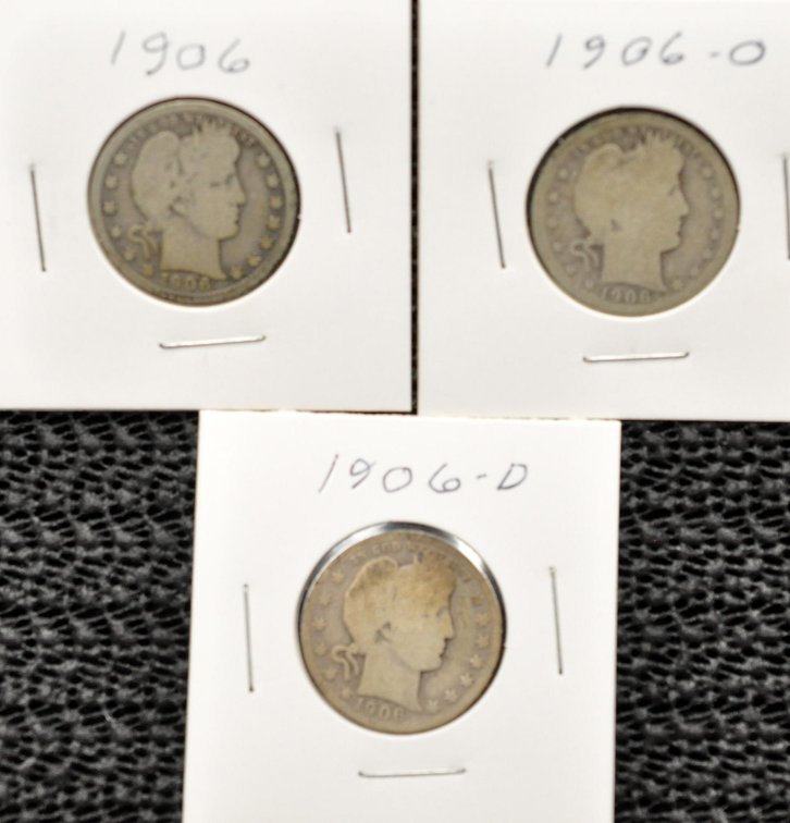 (3) 1906-P,D,O Barber Quarters