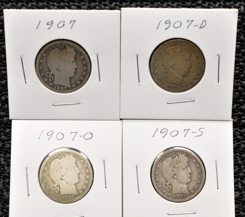 (4) 1907-P,D,O,S Barber Quarters