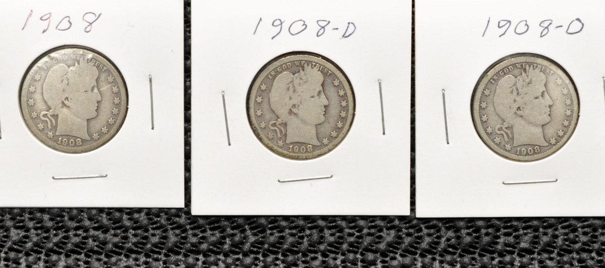 (3) 1908-P,D,O Barber Quarters