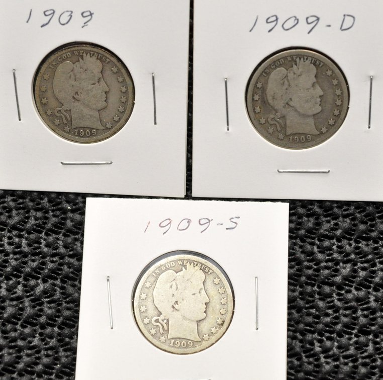 (3) 1909-P,D,S Barber Quarters