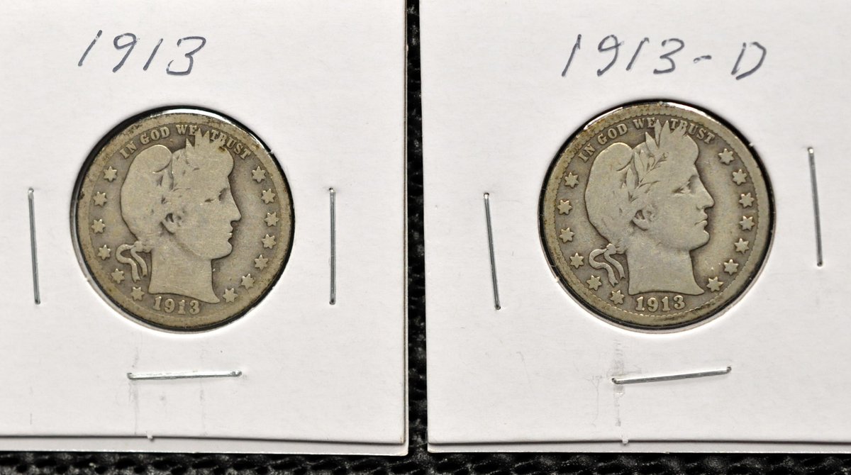 (2) 1913-P-D Barber Quarters, Low Mintage