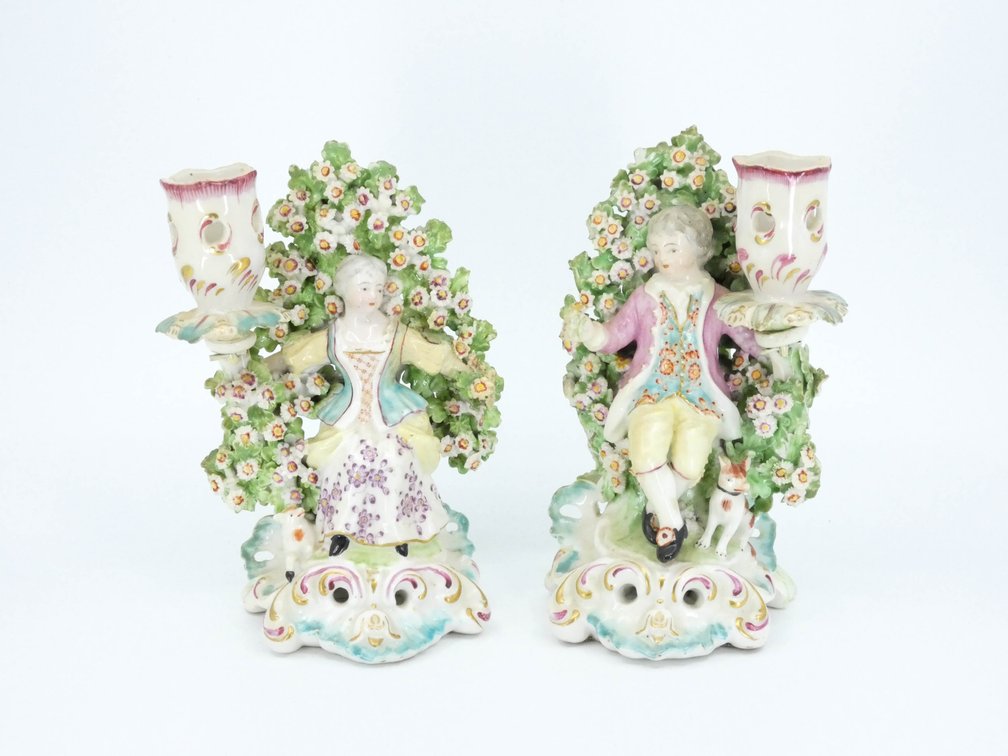 Antique Pair of Derby Figural Candlesticks
