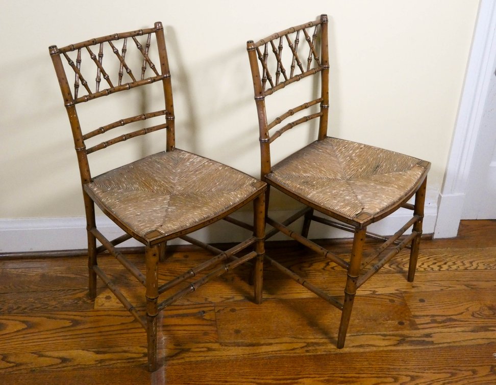 Antique Chinese English Faux Bamboo Style Side Chairs
