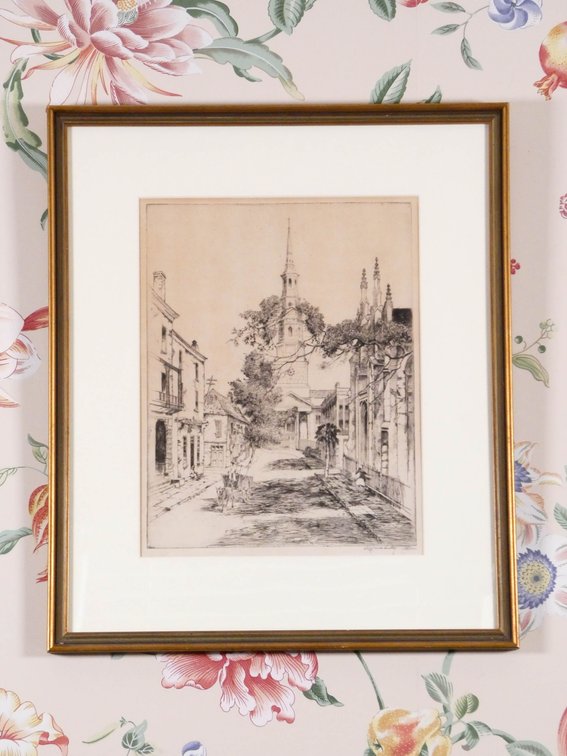Black and White Street Scene Engraving