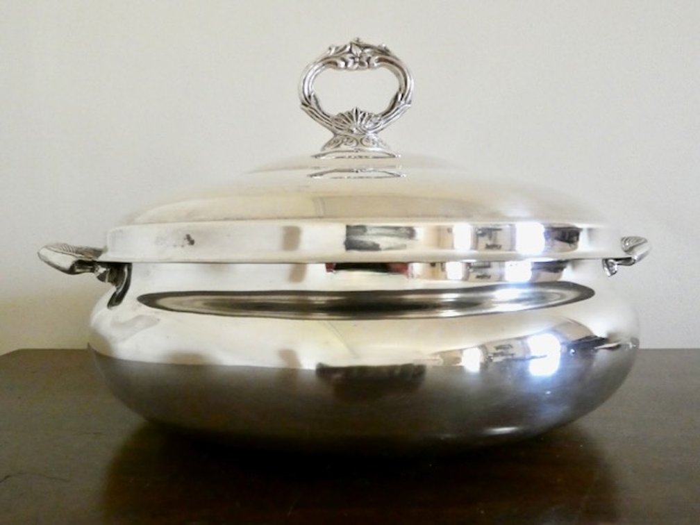 Silver-plated covered casserole or vegetable bowl.