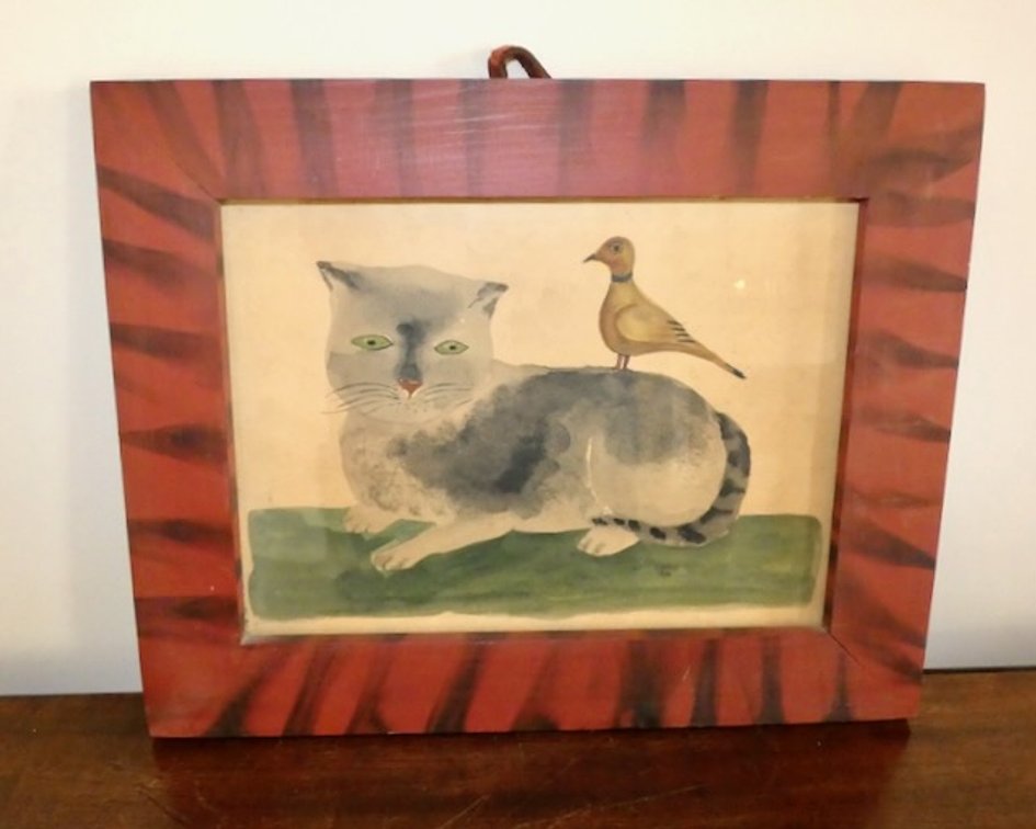 Folk Art Depicting a Cat with Small Bird