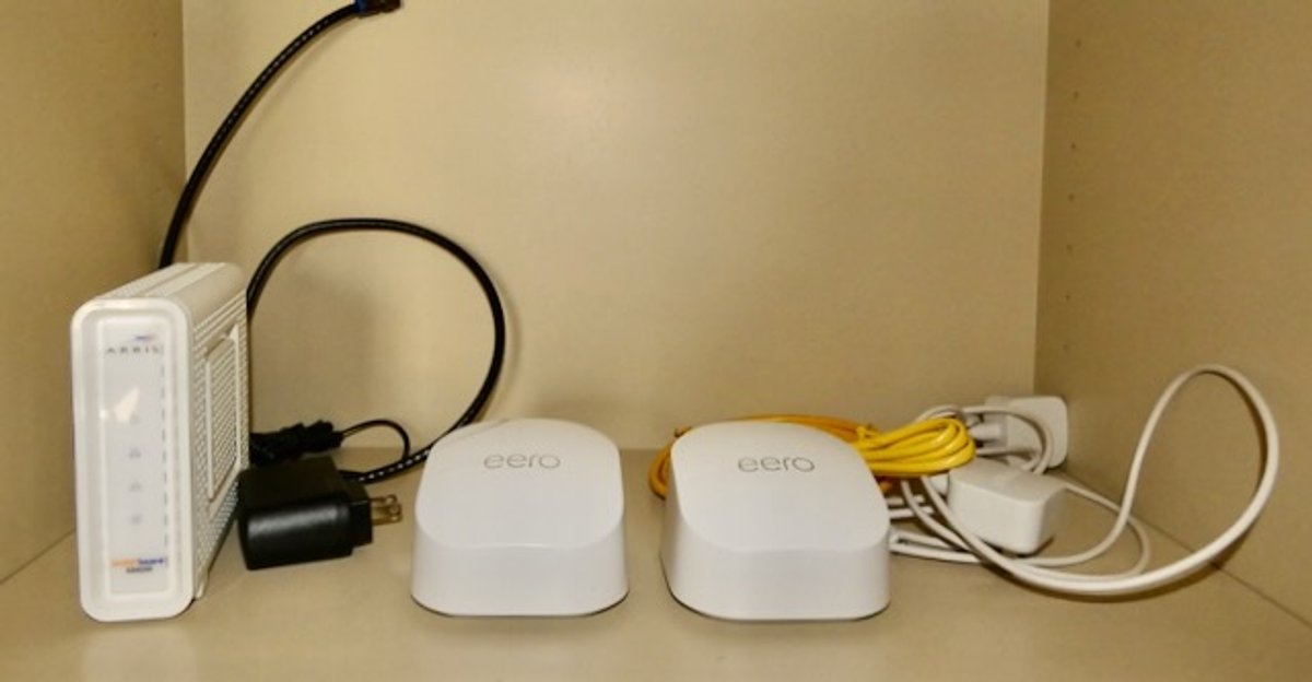Two Amazon Eero 6 Mesh wi-fi routers/Extenders, and an ARRIS Surfboard SB8200 Cable Modem.