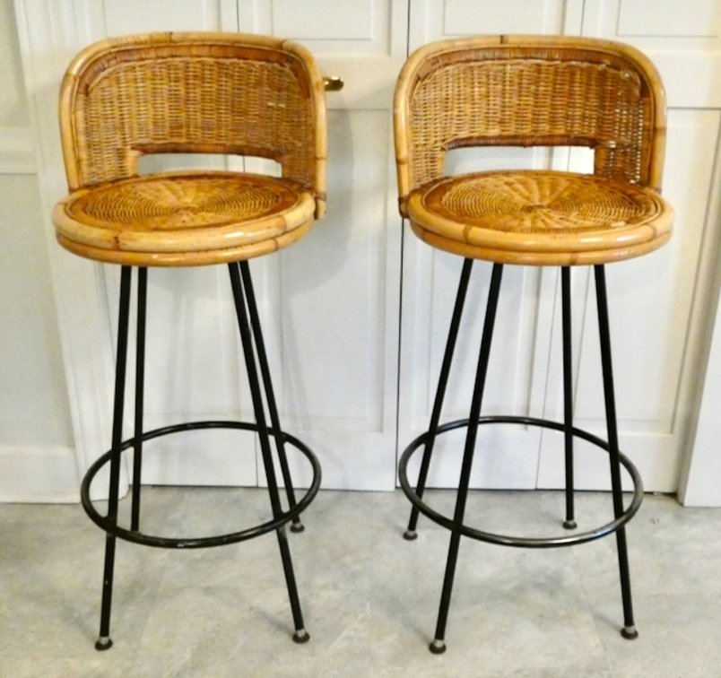 Two Rattan and Black Meal Bar Stools