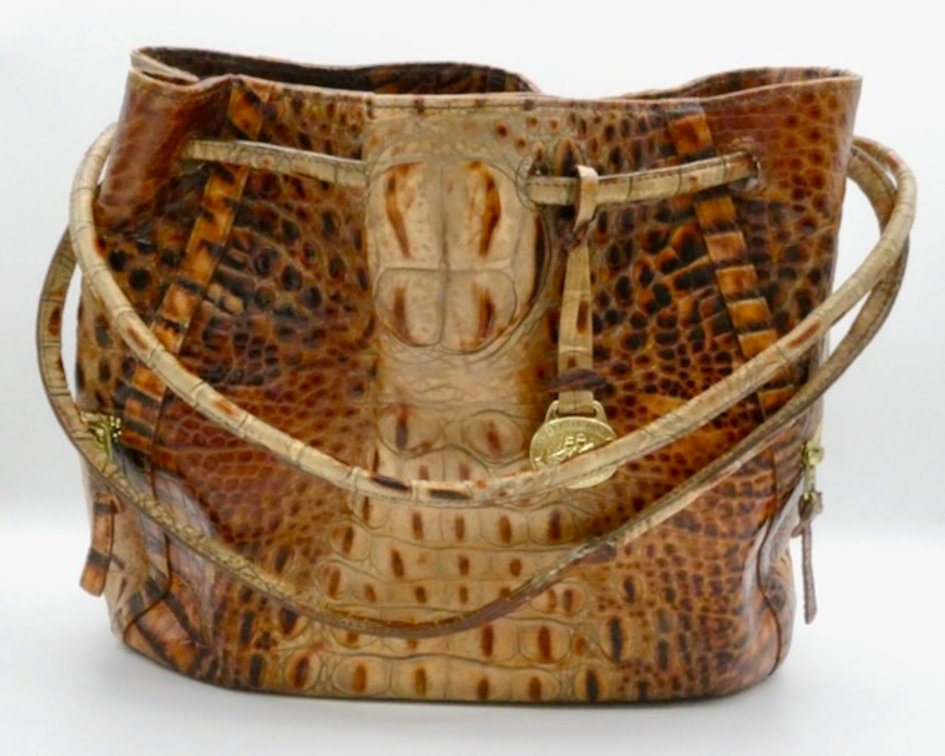 Brahmin Brown and Cream Croc-Embossed Leather Handbag