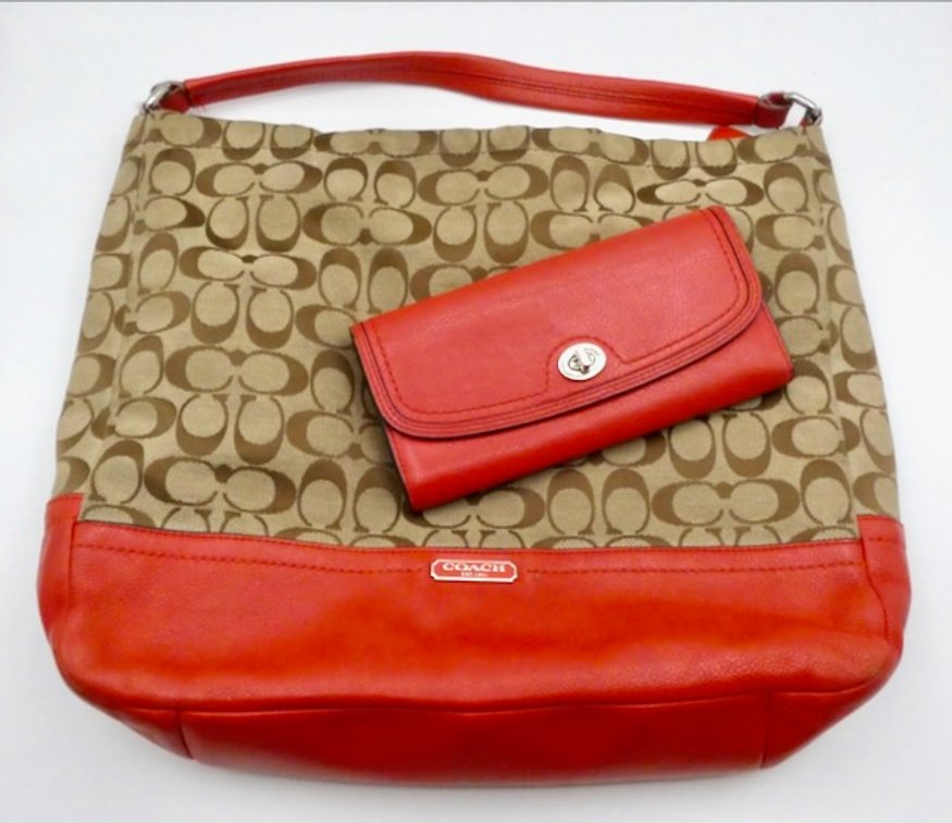 Coach Parker Signature Red Leather and Fabric Handbag with Matching Wallet