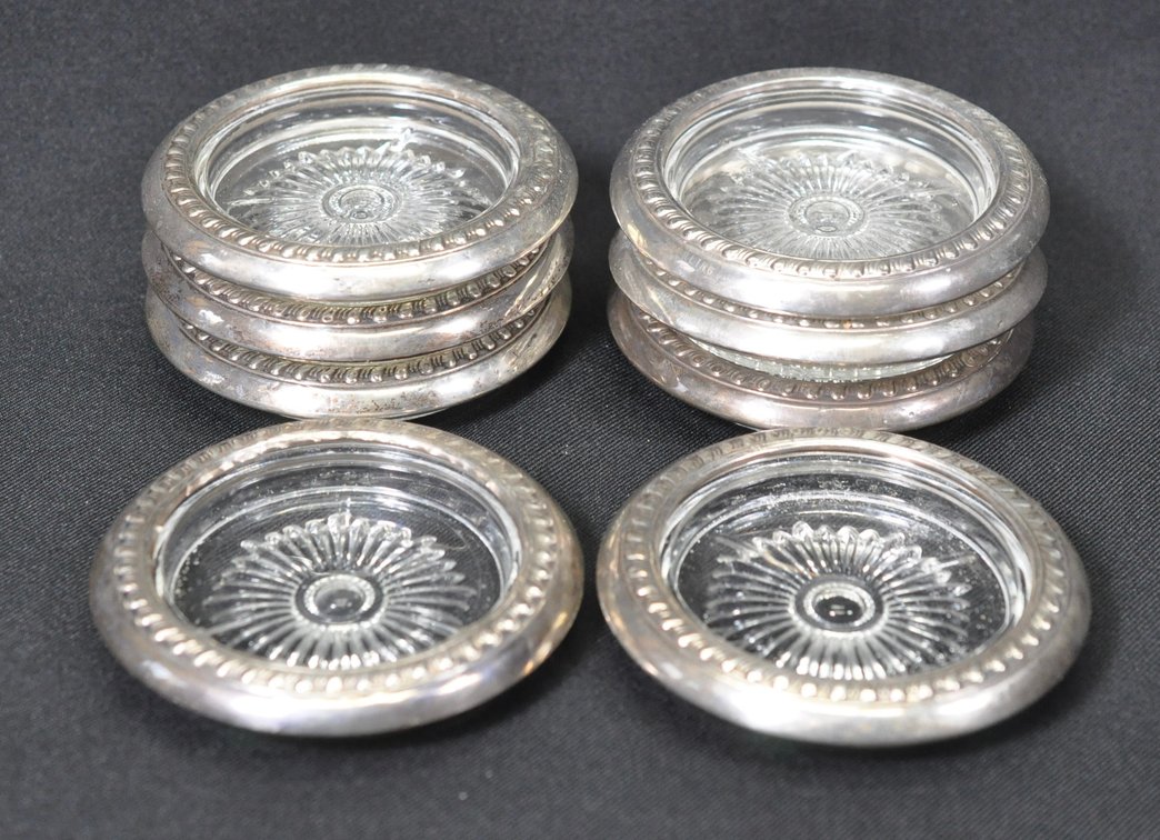 Eight Glass Coasters with Sterling Rims