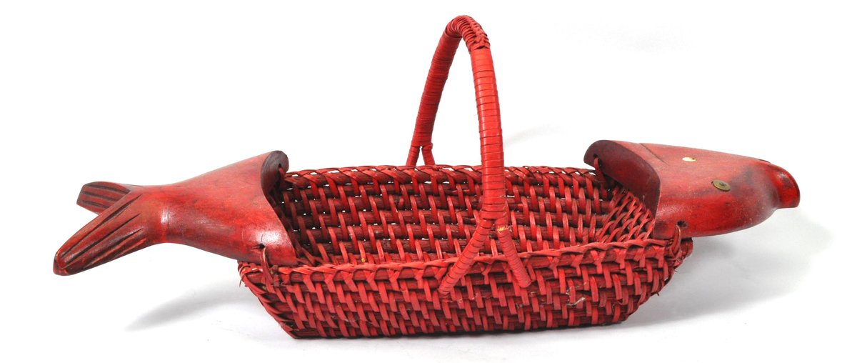 Vintage Red Wicker and Wood Bread Basket