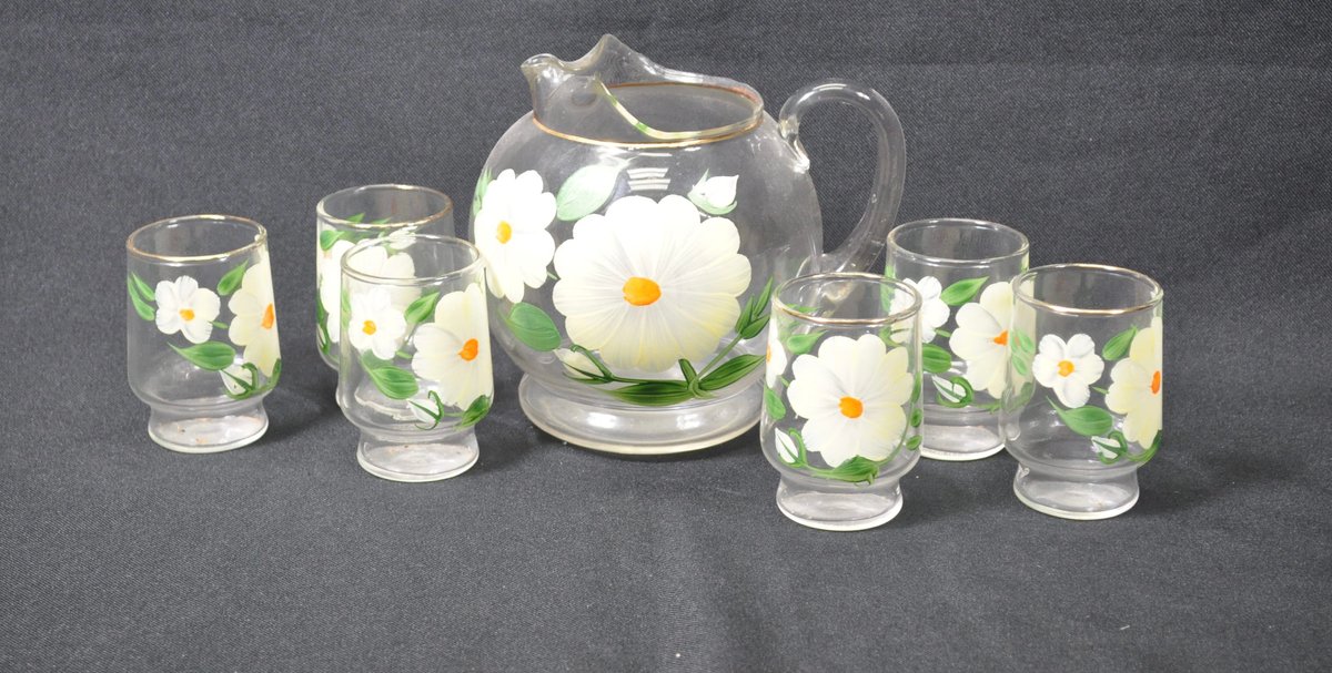 Hand-Painted Pitcher and Six Glasses