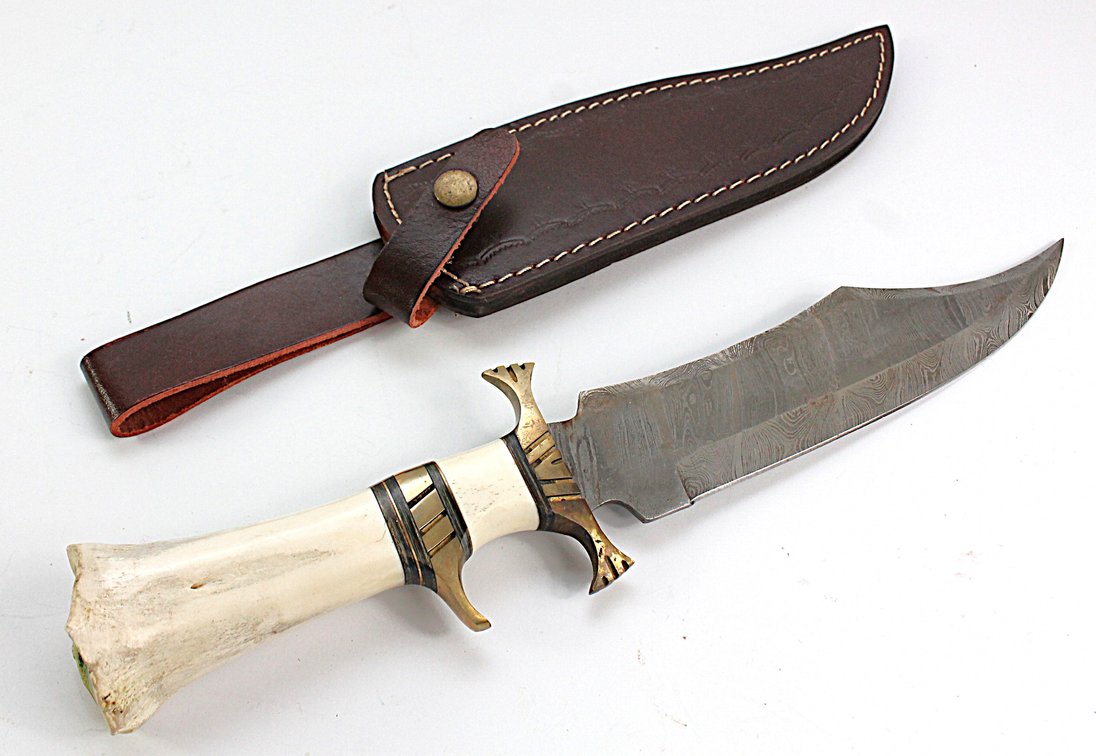 Large Damascus Steel Bowie/Hunting Knife with Bone Handle