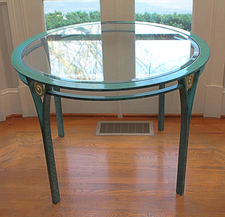 Circular Beveled Glass Table with Verdigris Finish