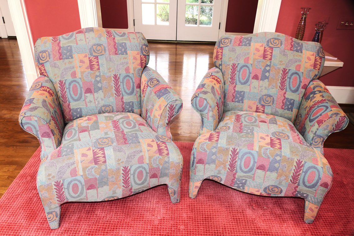 Two Sam Moore Abstract Upholstered Arm Chairs