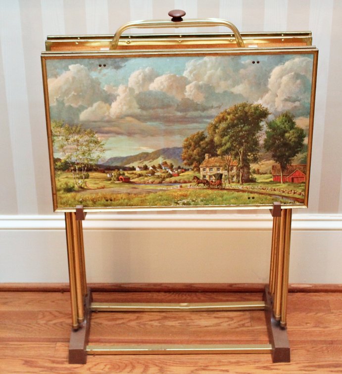 Vintage Set of TV Trays with Pastoral Scene