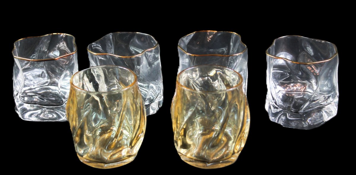 Two Sets of Clear and Amber Rocks Glasses