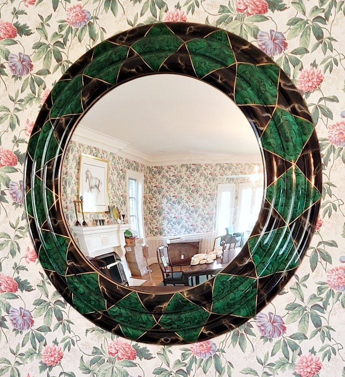 Large Lacquered Faux Malachite and Marble Mirror