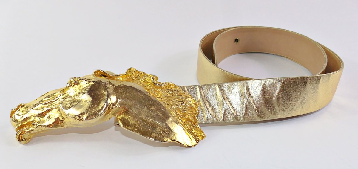 1976 Christopher Ross Horse Head Buckle and Gold Belt