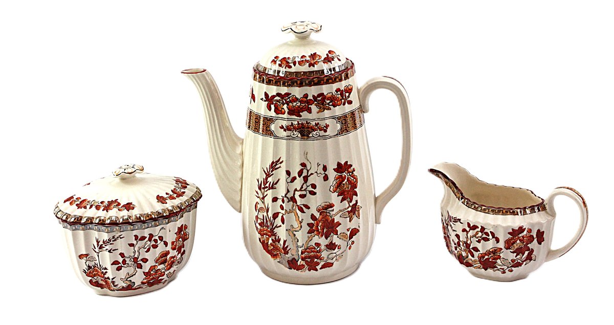 Spode India Tree Pattern Coffee Pot, Creamer, and Sugar Bowl
