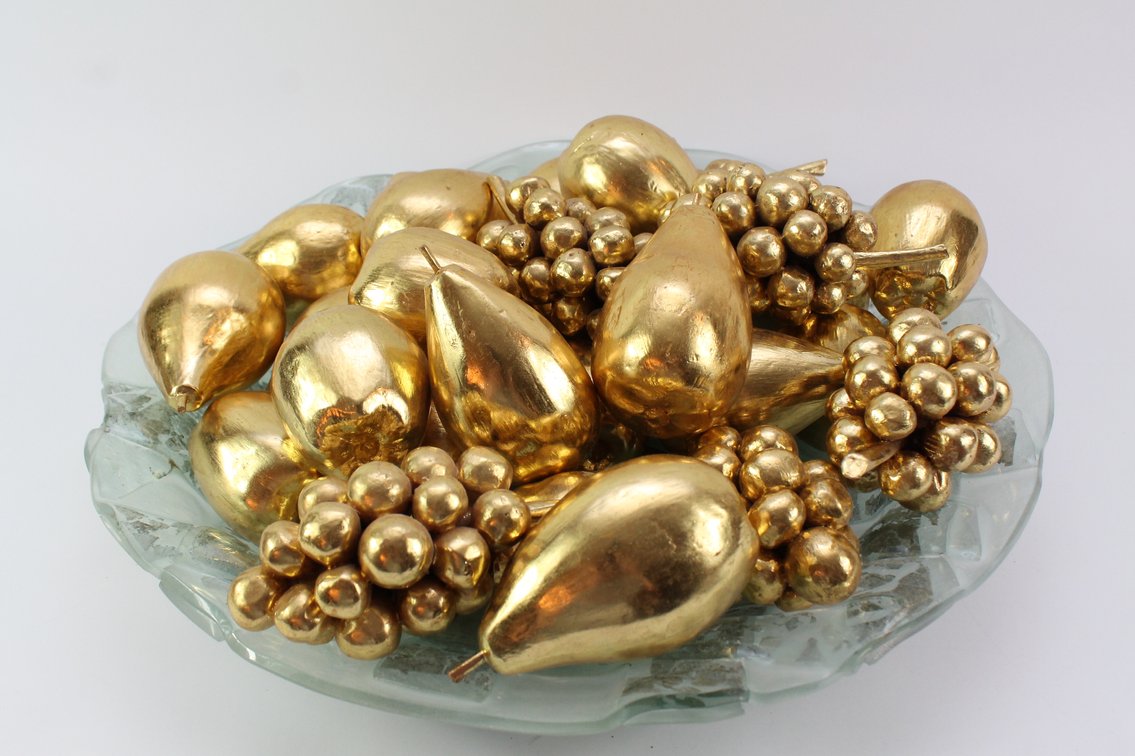 Large Frosted Glass Low Bowl with Metallic Gold Painted Fruit