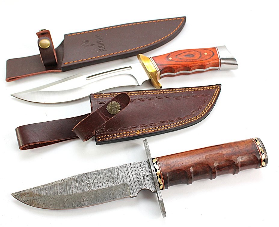 A Ned Floss SA78 Bowie Knife and Unmarked Damascus Steel Blade Hunting Knife