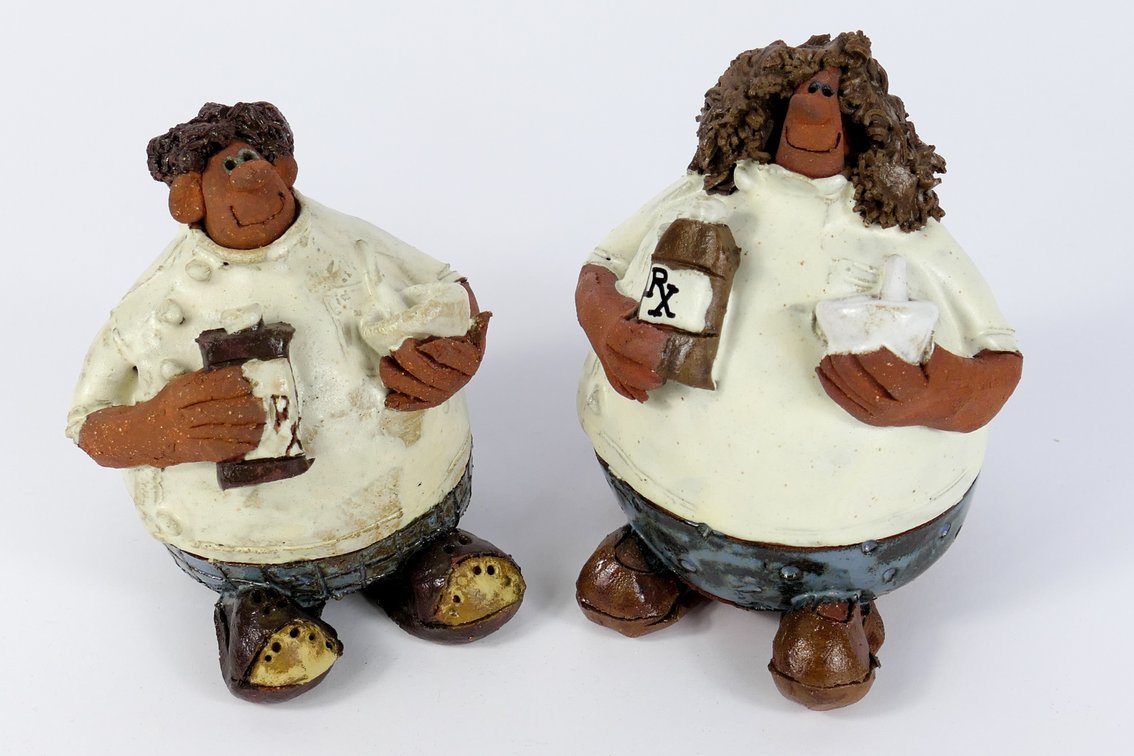 Round Pottery Pharmacist Figurine Pair