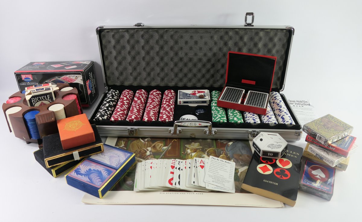 Metal Case with Texas Hold'em Chips and Cards, Card Shuffler, Prints, and More