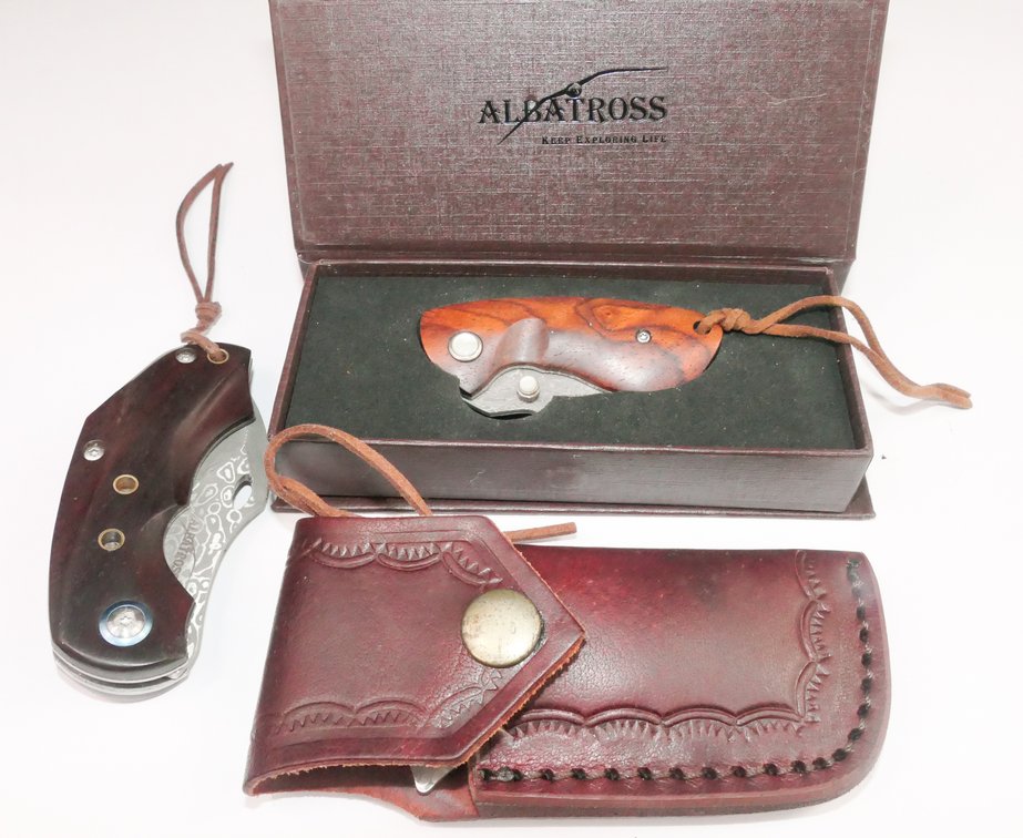 Three Albatross Damascus Steel Folding Lock Back Knives