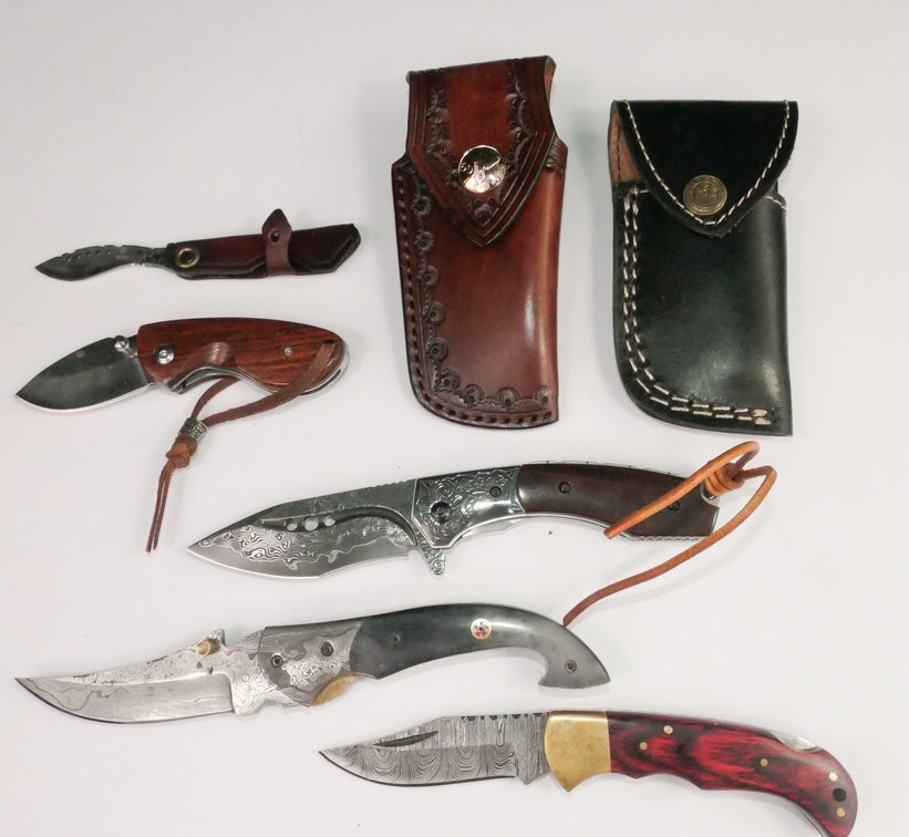 Five Handcrafted Damascus Blade Folding Pocket Knives