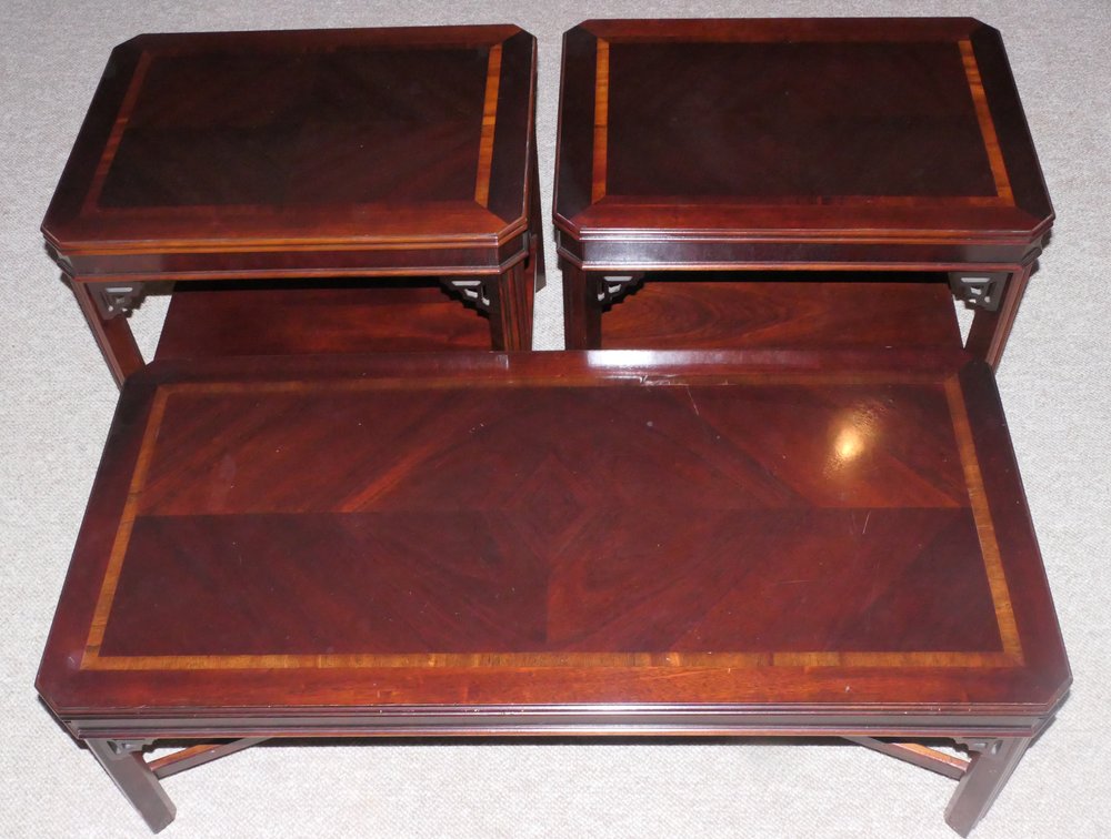 Late 20th Century Lane Chippendale Style Mahogany Side Tables and Coffee Table