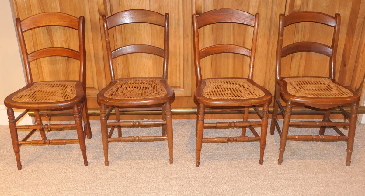 Four Victorian Ladderback Oak Chairs with Woven Cane Seats