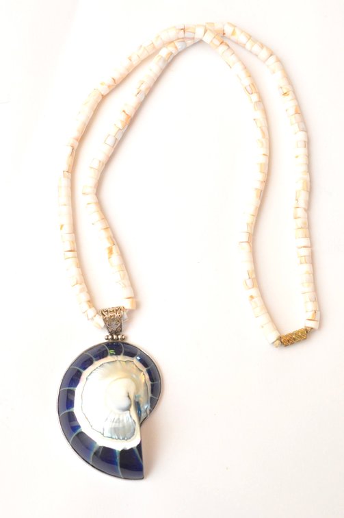 Beaded Heishi Shell Necklace with a Nautilus Shell Pendant