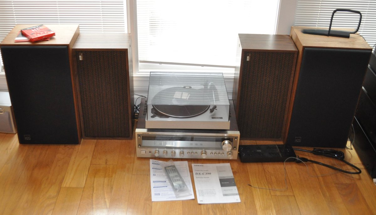Onkyo Receiver, Realistic Turntable, and Speakers
