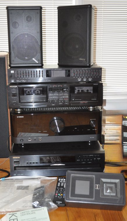 Onkyo CD Player, Yamaha Receiver, and Kenwood Double Cassette Deck