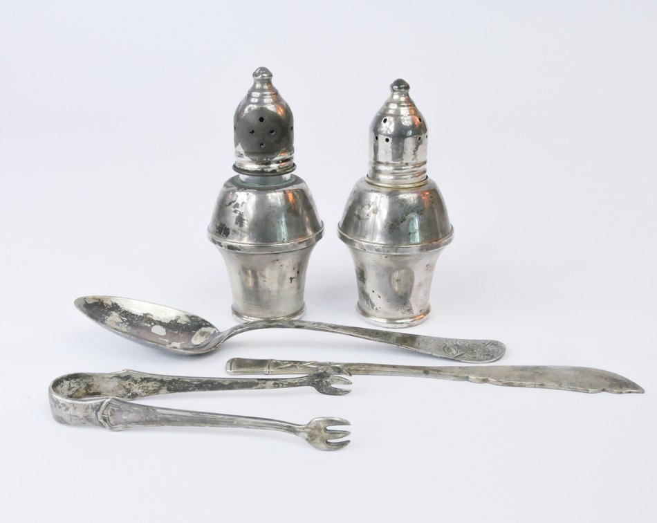 Sterling Silver Salt & Pepper, Tongs, Knife, and Spoon