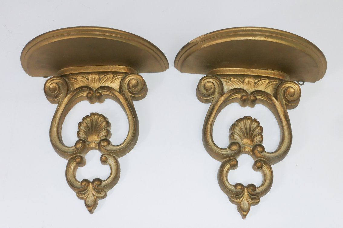 Ornate Gold-Tone Syroco Pedestal Wall Shelves