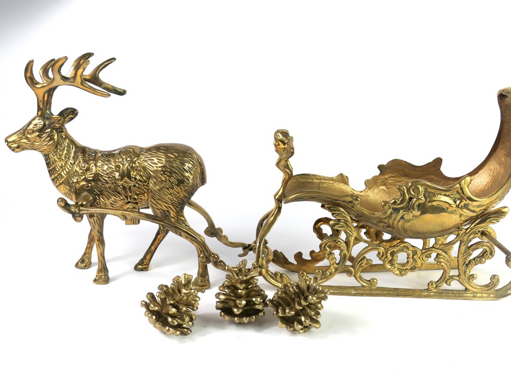 Brass Santa Sleigh and Reindeer with Pinecones