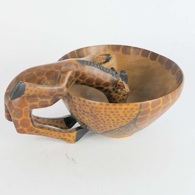 Kenya Hand Carved and Painted Wooden Giraffe Bowl