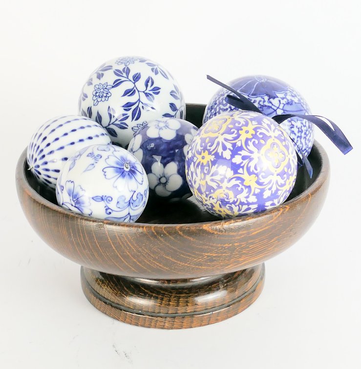 Wooden Centerpiece Bowl Holding Six Blue and White Decorative Balls