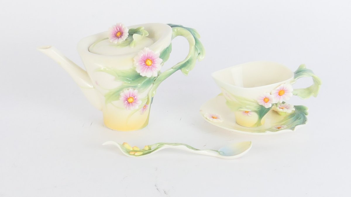 Franz Collection "Daisy" Teapot with Cup, Saucer, and Spoon