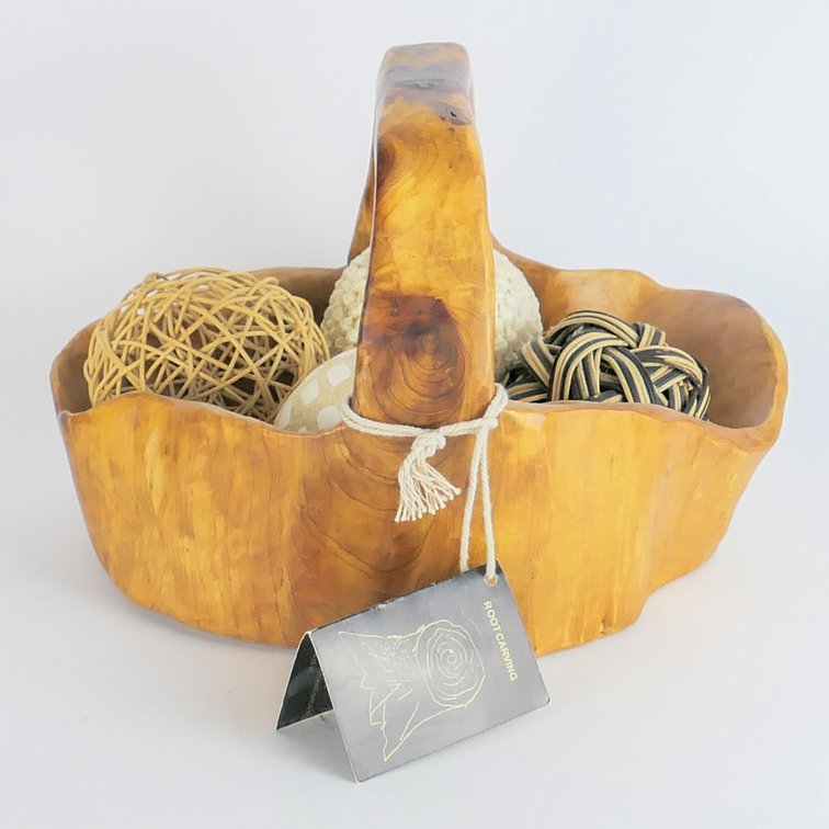 Chinese Fir Tree Root Carving Basket with Decorative Orbs
